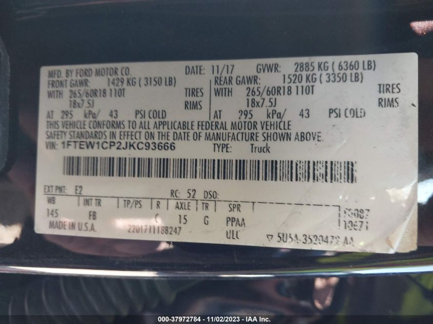 2018 Ford F-150 Xlt VIN: 1FTEW1CP2JKC93666 Lot: 37972784