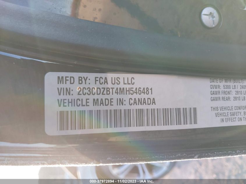 2021 Dodge Challenger R/T VIN: 2C3CDZBT4MH546481 Lot: 37972894