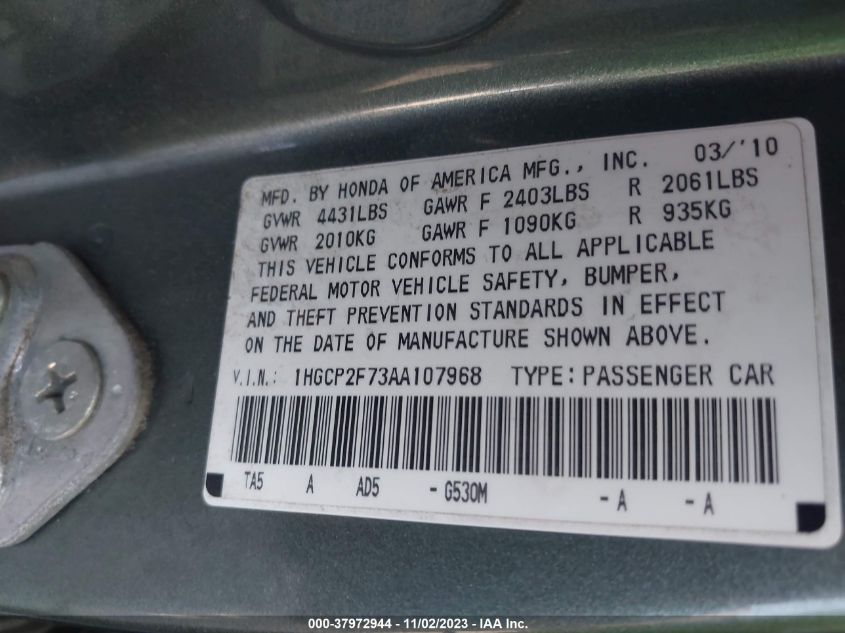 2010 Honda Accord Sdn Ex VIN: 1HGCP2F73AA107968 Lot: 37972944