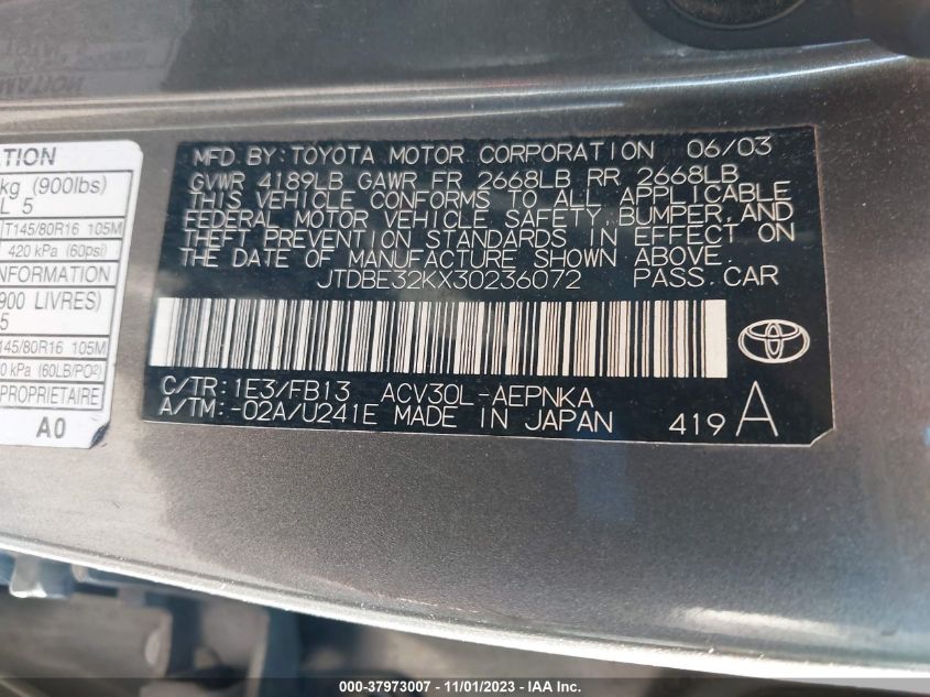 2003 Toyota Camry Le VIN: JTDBE32KX30236072 Lot: 37973007