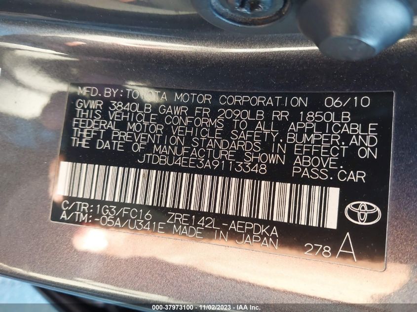 2010 Toyota Corolla VIN: JTDBU4EE3A9113348 Lot: 37973100