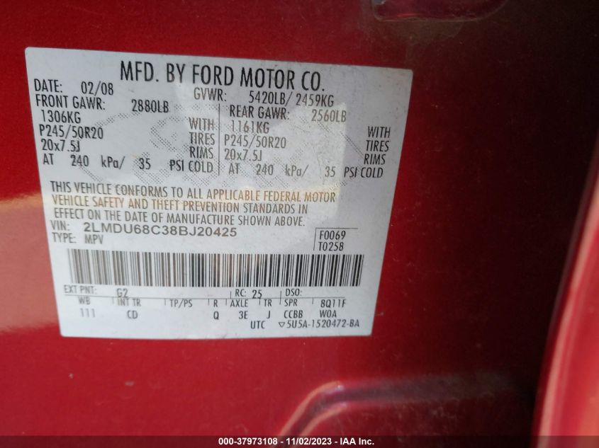 2008 Lincoln Mkx VIN: 2LMDU68C38BJ20425 Lot: 37973108