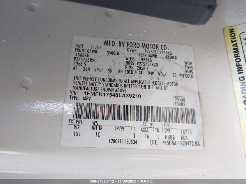 2008 Ford Expedition El Eddie Bauer/King Ranch VIN: 1FMFK17548LA39210 Lot: 37973112