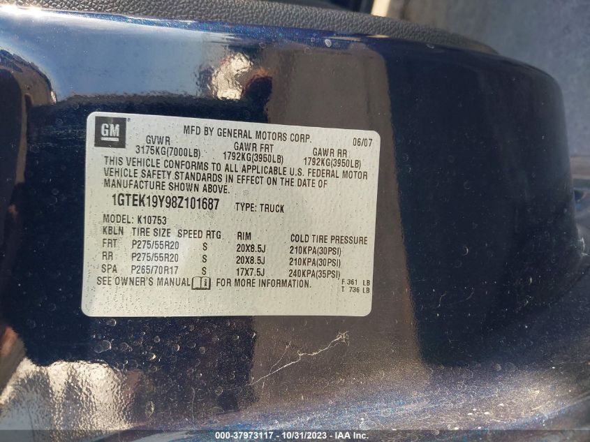 2008 GMC Sierra 1500 Slt VIN: 1GTEK19Y98Z101687 Lot: 37973117
