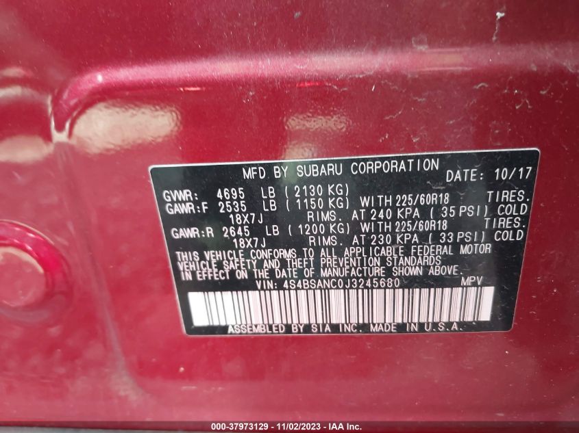 2018 Subaru Outback 2.5I Limited VIN: 4S4BSANC0J3245680 Lot: 37973129