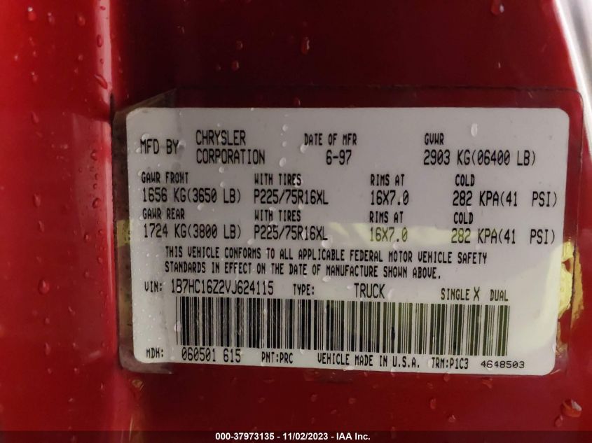 1997 Dodge Ram 1500 VIN: 1B7HC16Z2VJ624115 Lot: 37973135