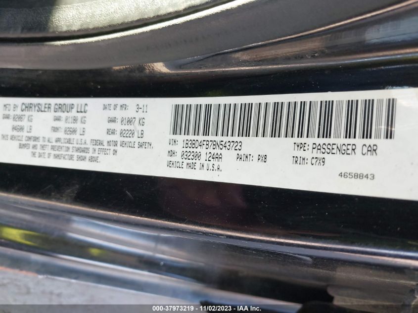 2011 Dodge Avenger Express VIN: 1B3BD4FB7BN543723 Lot: 37973219