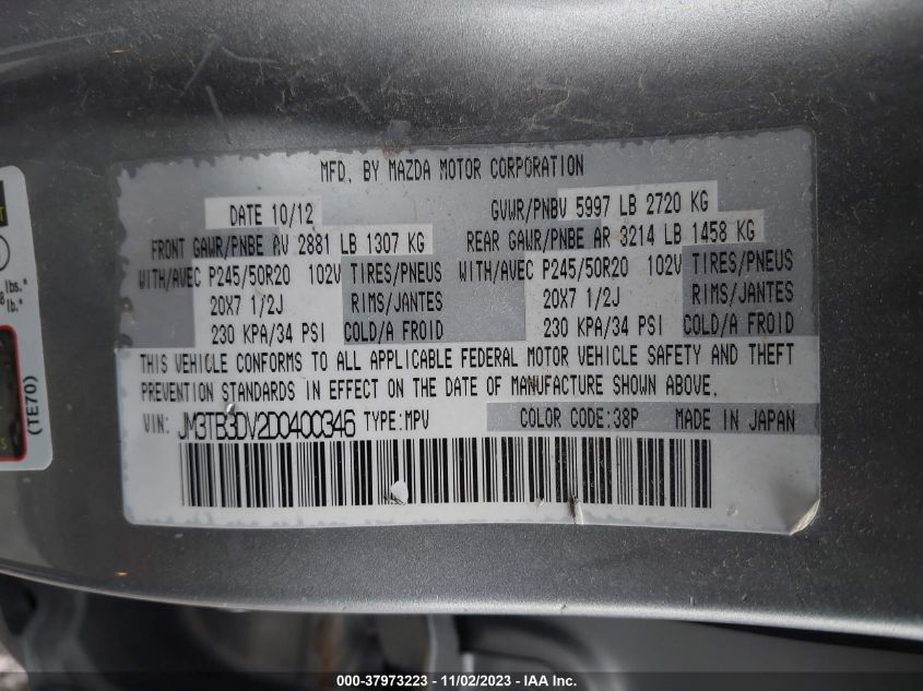 2013 Mazda Cx-9 Grand Touring VIN: 5N1AR18W56C618460 Lot: 37973223