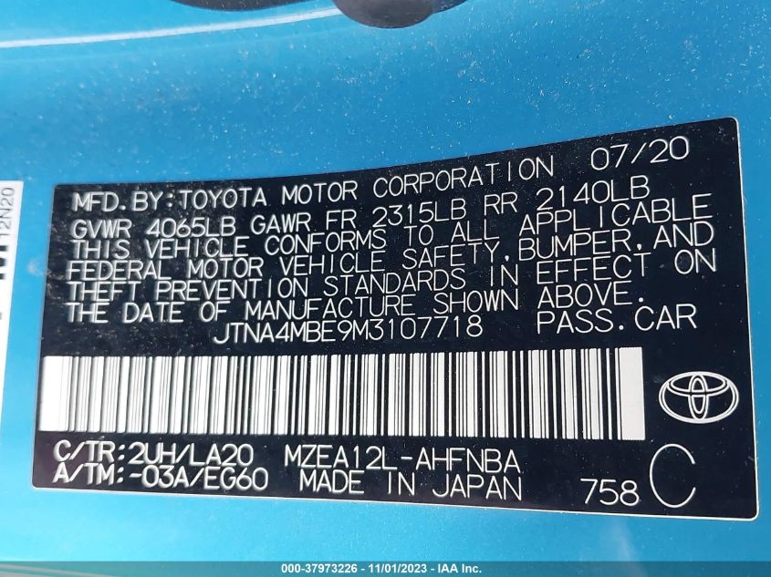 2021 Toyota Corolla Hatchback Xse VIN: JTNA4MBE9M3107718 Lot: 37973226