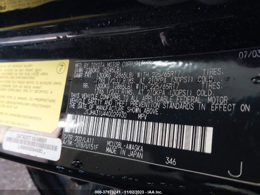 2004 Lexus Rx 330 VIN: JTJHA31U440029930 Lot: 37973241