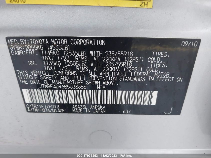 2011 Toyota Rav4 Sport VIN: JTMRF4DV6B5038356 Lot: 37973253