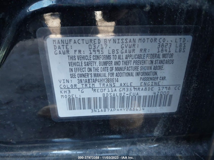 2017 Nissan Sentra S VIN: 3N1AB7AP4HY288614 Lot: 37973358