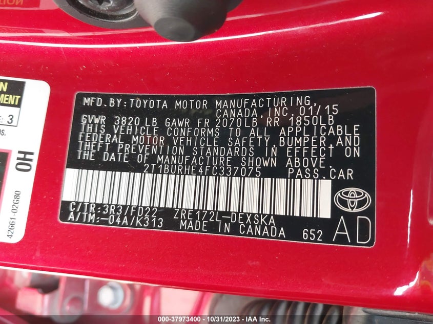 2015 Toyota Corolla S Plus VIN: 2T1BURHE4FC337075 Lot: 37973400