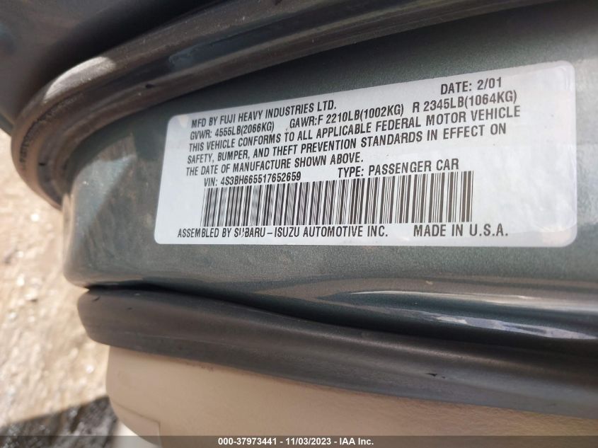 2001 Subaru Legacy Outback W/Rb Equip VIN: 4S3BH665517652659 Lot: 37973441