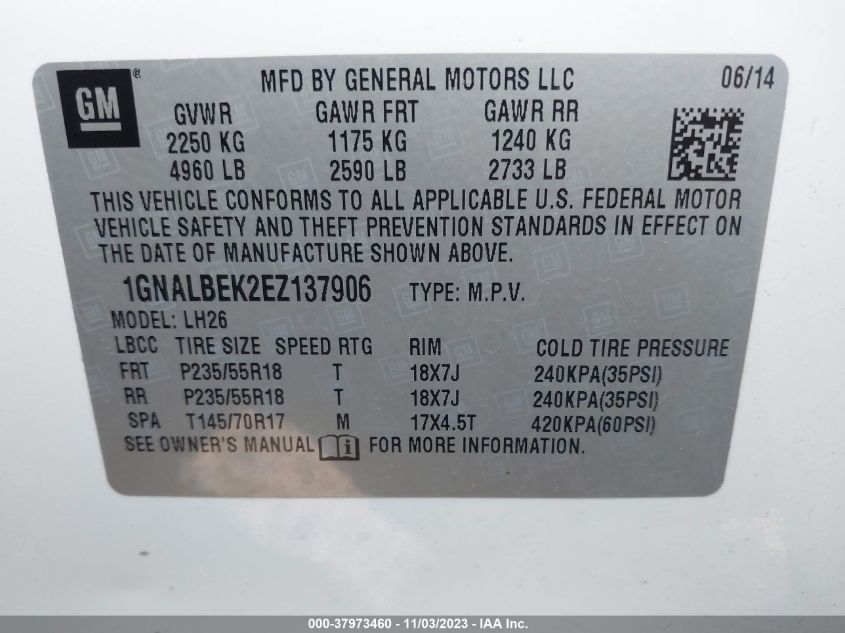 1GNALBEK2EZ137906 2014 Chevrolet Equinox 1Lt