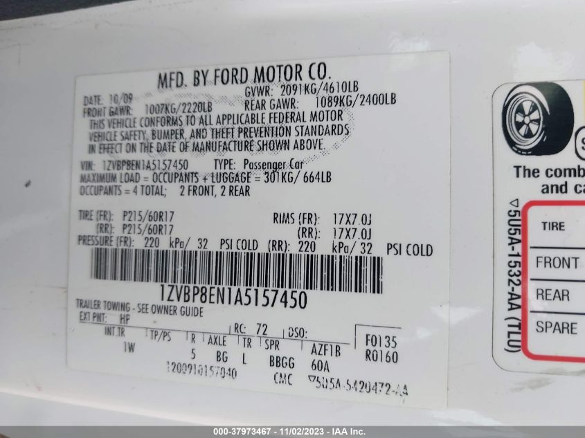 2010 Ford Mustang V6 VIN: 1ZVBP8EN1A5157450 Lot: 37973467