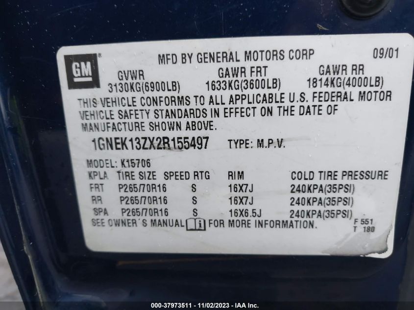 2002 Chevrolet Tahoe Lt VIN: 1GNEK13ZX2R155497 Lot: 37973511