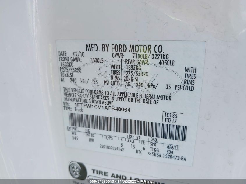 2010 Ford F-150 Lariat/Xl/Xlt VIN: 1FTFW1CV1AFB48064 Lot: 37973519