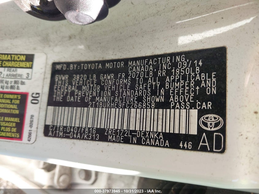 2015 Toyota Corolla Le VIN: 2T1BURHE9FC266858 Lot: 37973945