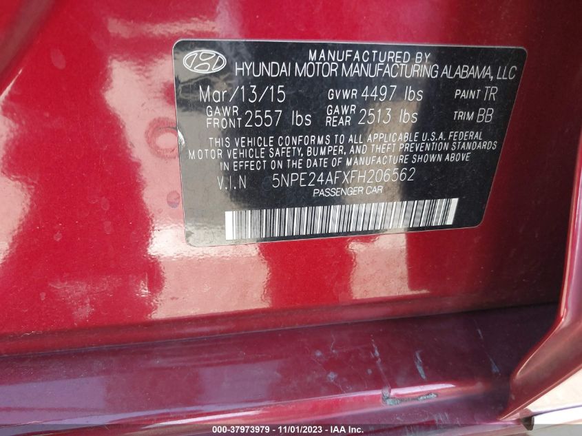 2015 Hyundai Sonata Se VIN: 5NPE24AFXFH206562 Lot: 37973979