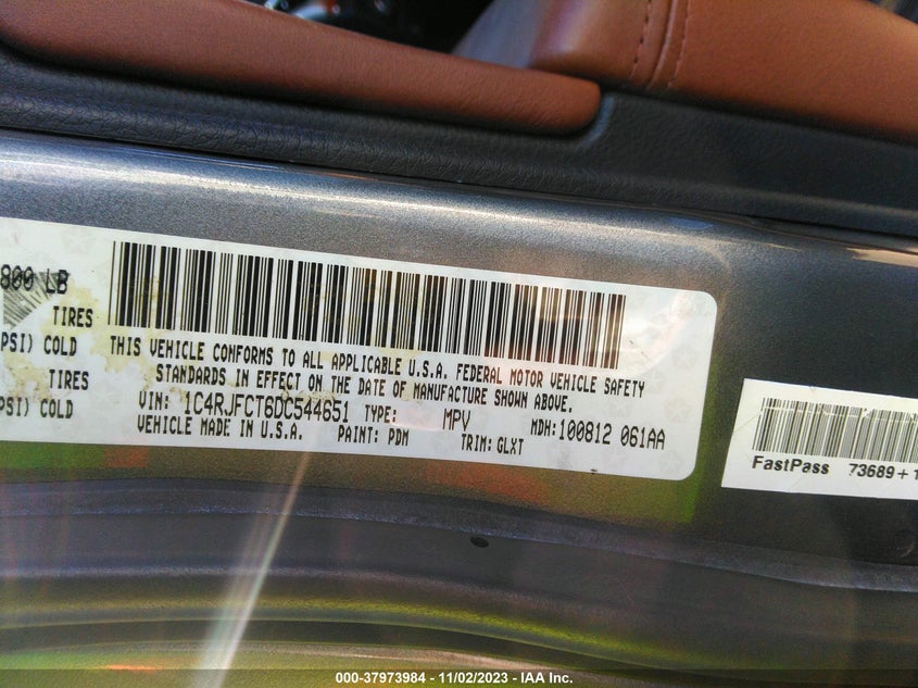 2013 Jeep Grand Cherokee Overland VIN: 1C4RJFCT6DC544651 Lot: 37973984