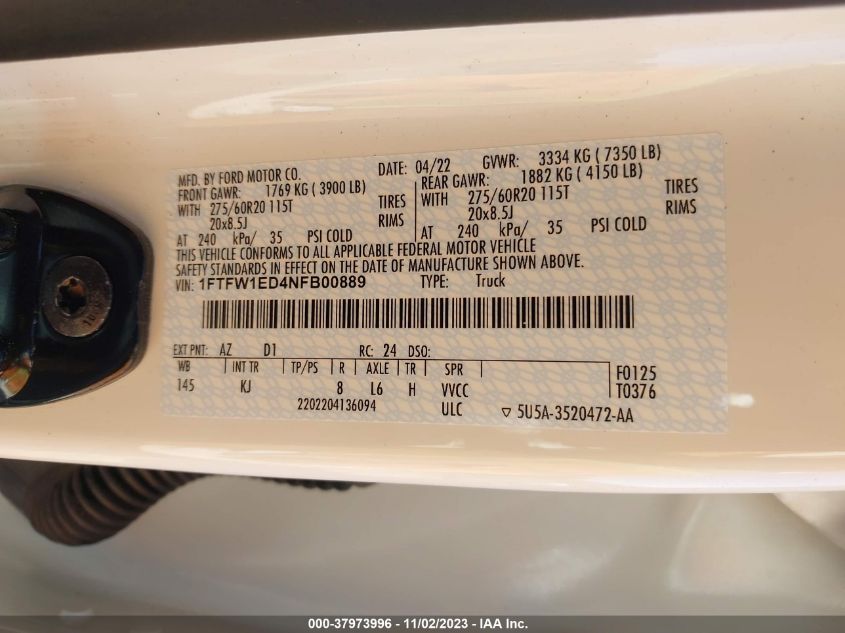2022 Ford F-150 Xl/Xlt/Lariat VIN: 1FTFW1ED4NFB00889 Lot: 37973996