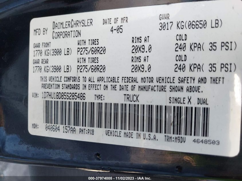 2005 Dodge Ram 1500 Slt/Laramie VIN: 1D7HU18D85S285486 Lot: 37974005