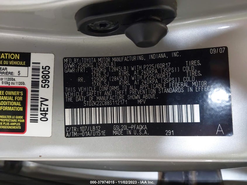 2008 Toyota Sienna Limited VIN: 5TDZK22C88S112171 Lot: 37974015