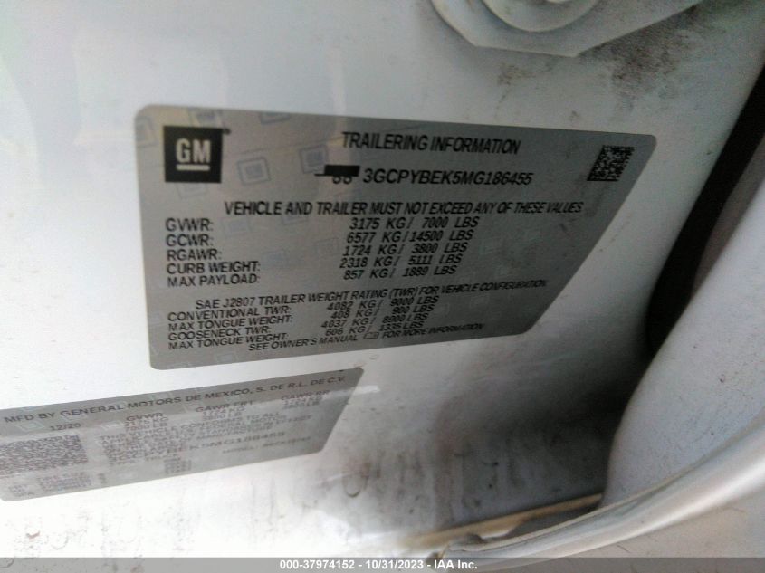 2021 Chevrolet Silverado 1500 4Wd Standard Bed Custom VIN: 3GCPYBEK5MG186455 Lot: 37974152