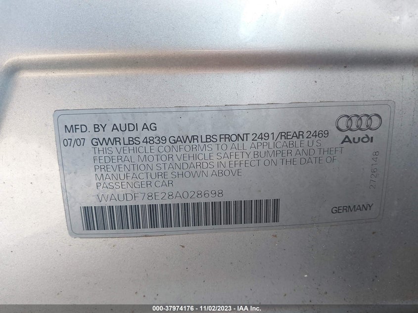 2008 Audi A4 2.0T VIN: WAUDF78E28A028698 Lot: 37974176