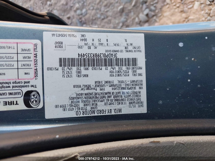 2011 Ford Fusion Hybrid VIN: 3FADP0L39BR335494 Lot: 37974212