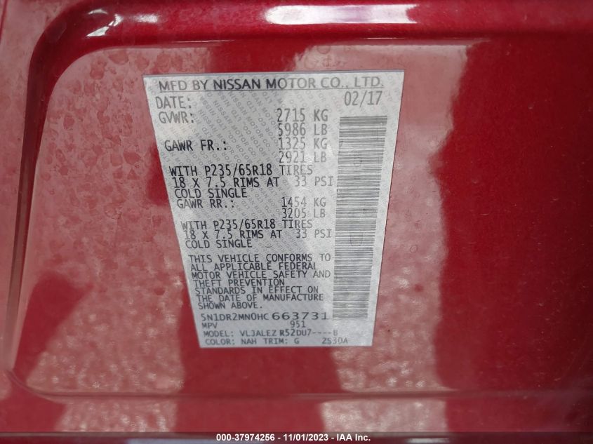 2017 Nissan Pathfinder Sv VIN: 5N1DR2MN0HC663731 Lot: 37974256
