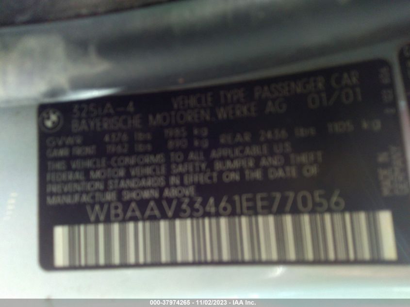 2001 BMW 3 Series 325I VIN: WBAAV33461EE77056 Lot: 37974265