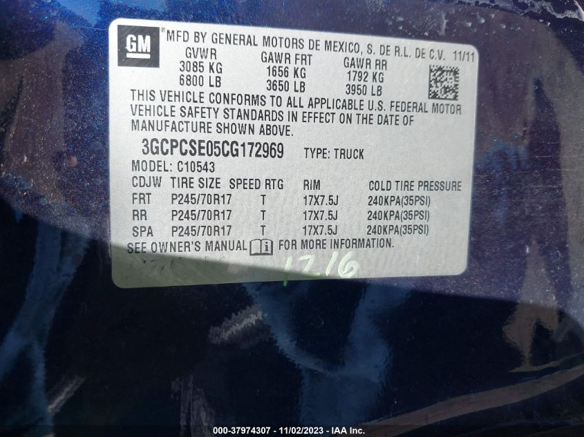 2012 Chevrolet Silverado 1500 Lt VIN: 3GCPCSE05CG172969 Lot: 37974307