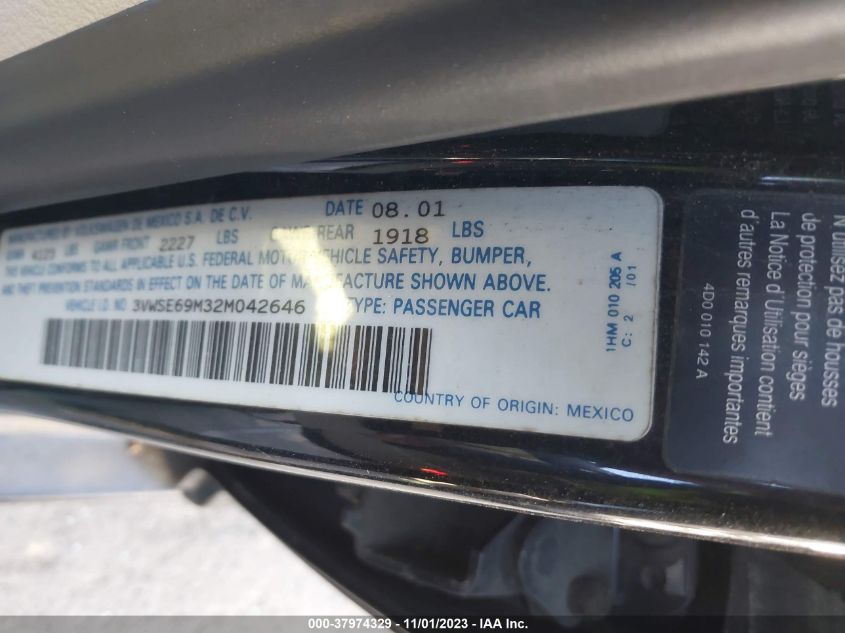 2002 Volkswagen Jetta Gls VIN: 3VWSE69M32M042646 Lot: 37974329