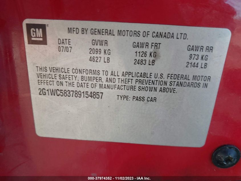 2008 Chevrolet Impala Lt VIN: 2G1WC583789154857 Lot: 37974352