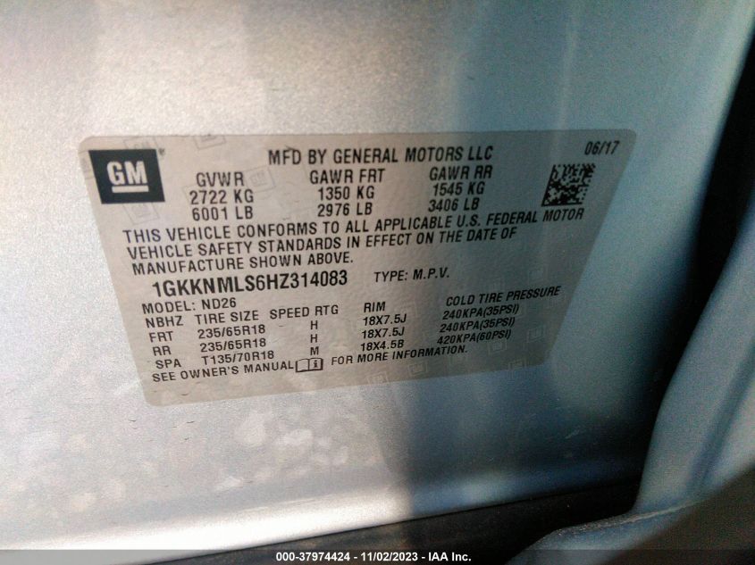 2017 GMC Acadia Slt-1 VIN: 1GKKNMLS6HZ314083 Lot: 37974424
