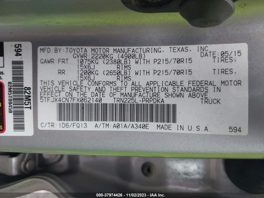 2015 Toyota Tacoma VIN: 5TFJX4CN7FX062140 Lot: 37974426
