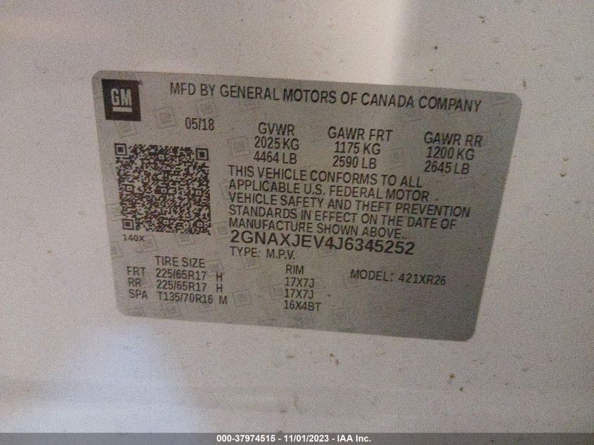 2018 Chevrolet Equinox Lt VIN: 2GNAXJEV4J6345252 Lot: 37974515
