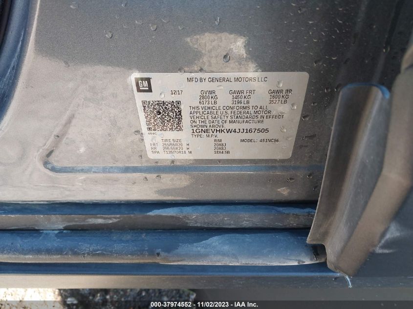 2018 Chevrolet Traverse 3Lt VIN: 1GNEVHKW4JJ167505 Lot: 37974552