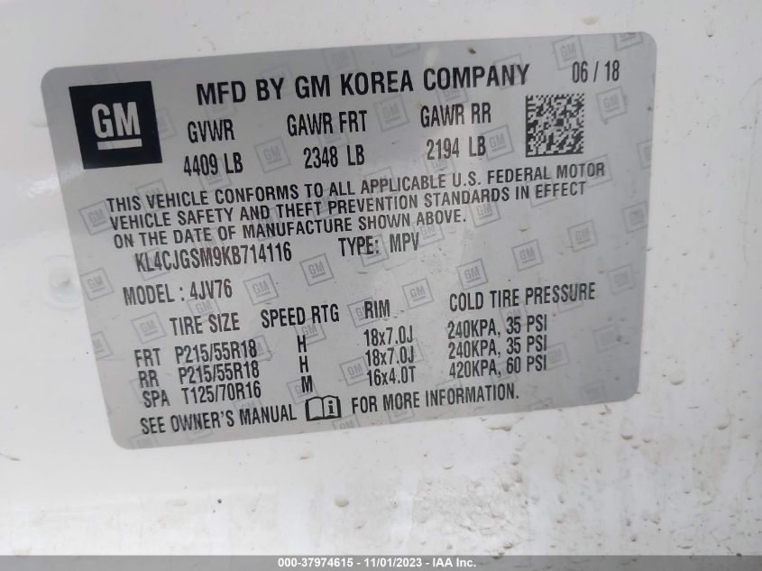 2019 Buick Encore Awd Essence VIN: KL4CJGSM9KB714116 Lot: 37974615