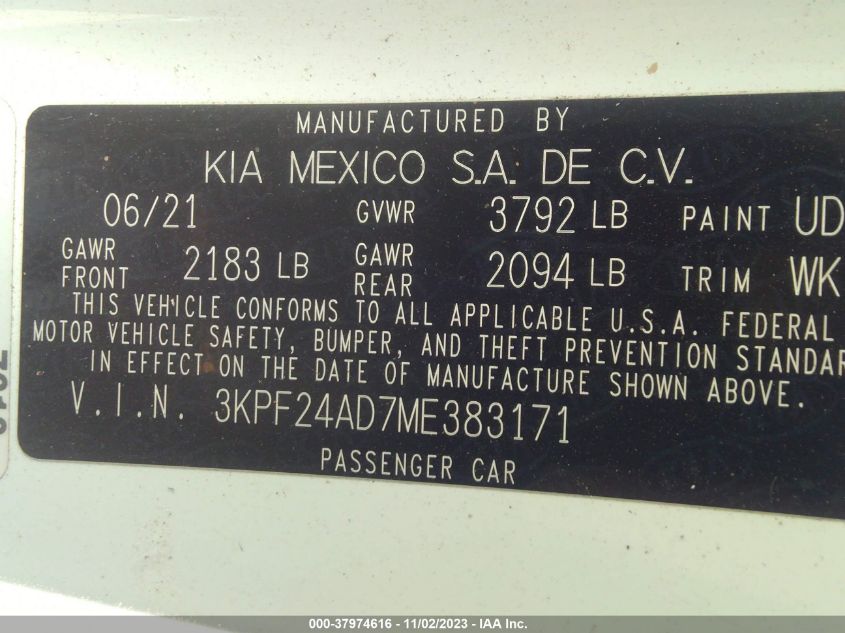 2021 Kia Forte Lxs VIN: 3KPF24AD7ME383171 Lot: 37974616