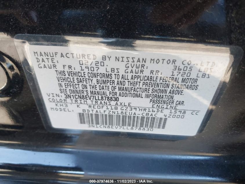 2020 Nissan Versa Sv VIN: 3N1CN8EV7LL878830 Lot: 37974636