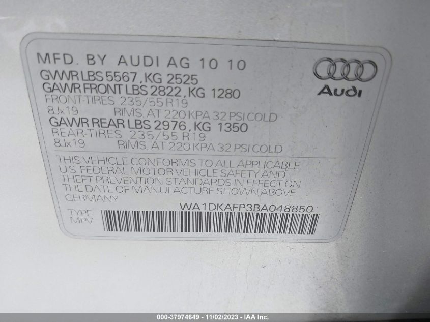 2011 Audi Q5 3.2 Premium Plus VIN: WA1DKAFP3BA048850 Lot: 37974649