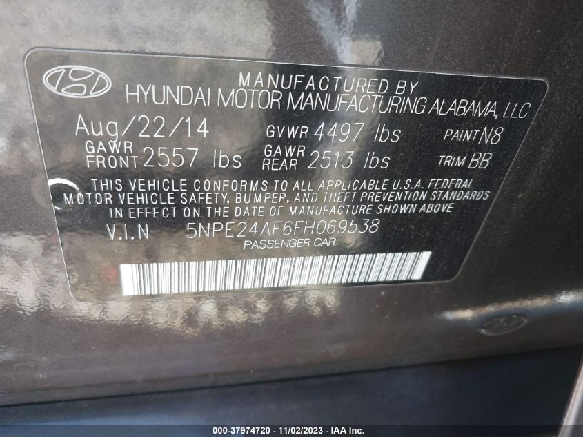 2015 Hyundai Sonata Se VIN: 5NPE24AF6FH069538 Lot: 37974720