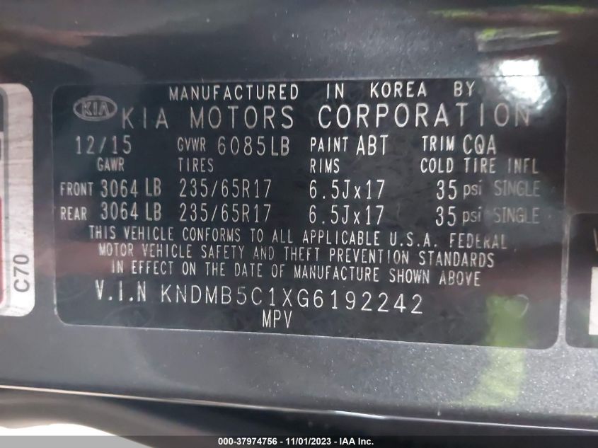 2016 Kia Sedona Lx VIN: KNDMB5C1XG6192242 Lot: 37974756