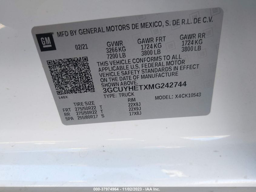 2021 Chevrolet Silverado 1500 4Wd Short Bed High VIN: 3GCUYHETXMG242744 Lot: 37974964