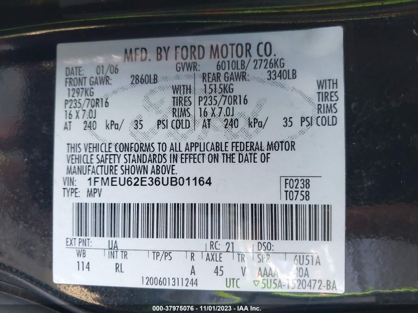 2006 Ford Explorer Xls VIN: 1FMEU62E36UB01164 Lot: 37975076