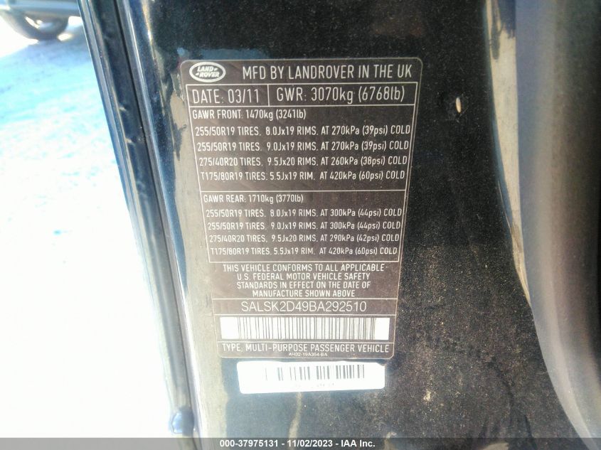 2011 Land Rover Range Rover Sport Hse Lux VIN: SALSK2D49BA292510 Lot: 37975131