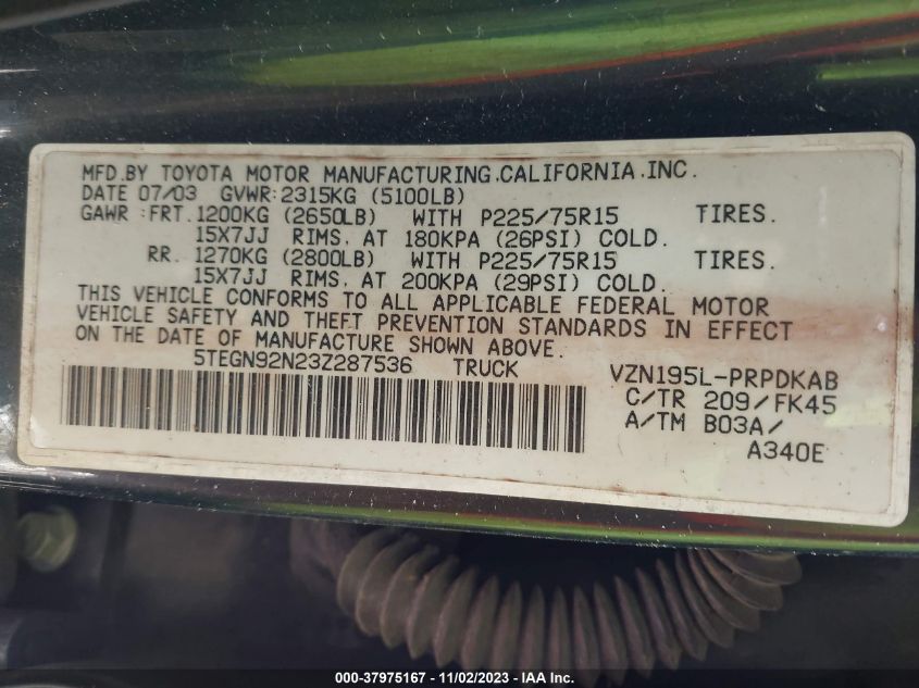 2003 Toyota Tacoma Prerunner VIN: 5TEGN92N23Z287536 Lot: 37975167